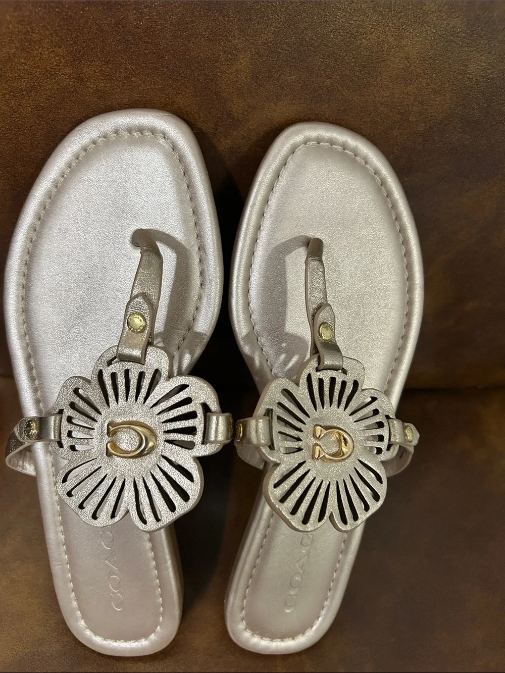 Coach Metallic Champagne Floral Medallion Thong Sandals